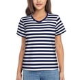 thumbnail image 1 of Uemuo Navy Blue And White Stripes Printed Women's Classic V-Neck T-Shirt - Soft, Breathable, Moisture-Wicking, Perfect for Casual, Office, Travel, and Everyday Wear-Large, 1 of 5