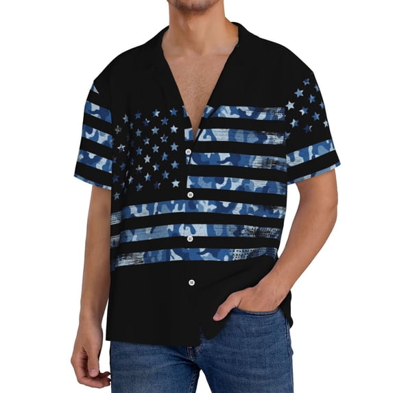 Uemuo Navy Camouflage American Flag Pattern Cotton Linen Short Sleeve Shirts,Casual Lightweight Button Down Shirts,Vacation Beach Summer Tops-Large