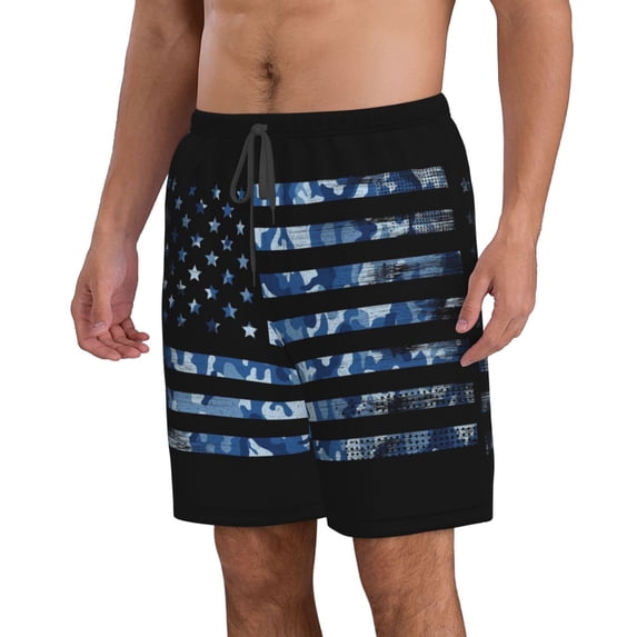 Uemuo Navy Camouflage American Flag Pattern Men's Swim Trunks Hawaiian Beach Bathing Suit Swimsuits Beach Quick-Dry Shorts with Pockets-Medium