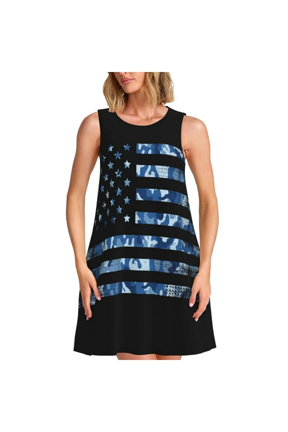 Navy Camouflage American Flag Pattern Women’s Sleeveless Dress – Casual Summer A-Line Dress, Stylish and Comfortable Sundress for Hot Weather