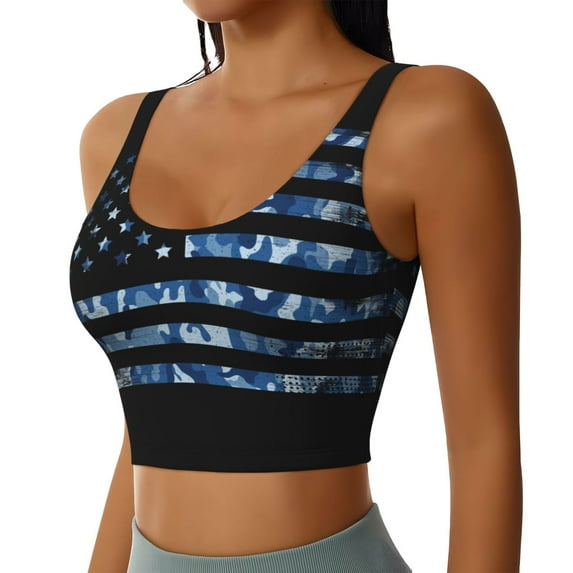 Uemuo Navy Camouflage American Flag Pattern Women's Sports Bra - High Impact Support, Breathable, and Comfortable Athletic Bra for Running, Yoga, and Workouts