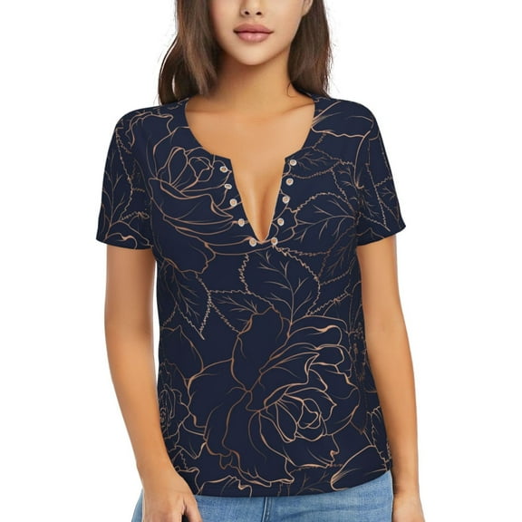 Uemuo Navy Dark Blue Drawing Women's Deep V-Neck Low Cut Tops - Casual Loose Fit with Stainless Steel Loop, Soft, Breathable, Perfect for Office, Travel, and Daily Wear-Small