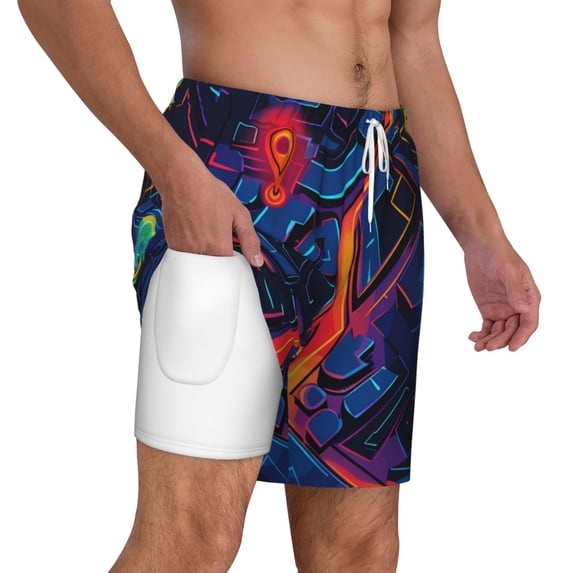 Uemuo Neon City Map Pattern Mens Swim Trunks Quick Dry Board Shorts with Mesh Lining, Stretch Beach Shorts Quick Dry No-Chafing Board Shorts-X-Large
