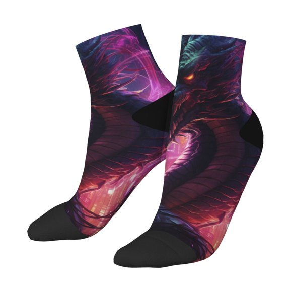 Uemuo Neon Futuristic Dragon Printed Crew Socks, Moisture-Wicking Socks, Athletic Socks for Men Breathable Cushion Socks Casual Sport Socks for Running Traveling