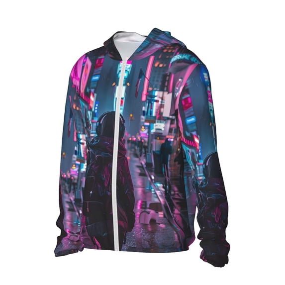 Uemuo Neon Night Cityscape Pattern Women's Full Zip UPF 50+ Sun Protection Hoodie Jacket Long Sleeve Sun Shirt Hiking Outdoor Performance with Pockets-Small