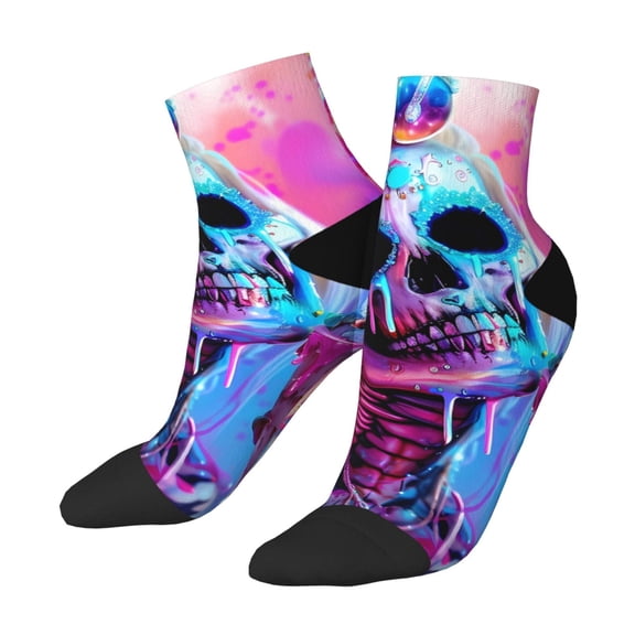 Uemuo Neon Skull With Milkshake Printed Crew Socks, Moisture-Wicking Socks, Athletic Socks for Men Breathable Cushion Socks Casual Sport Socks for Running Traveling