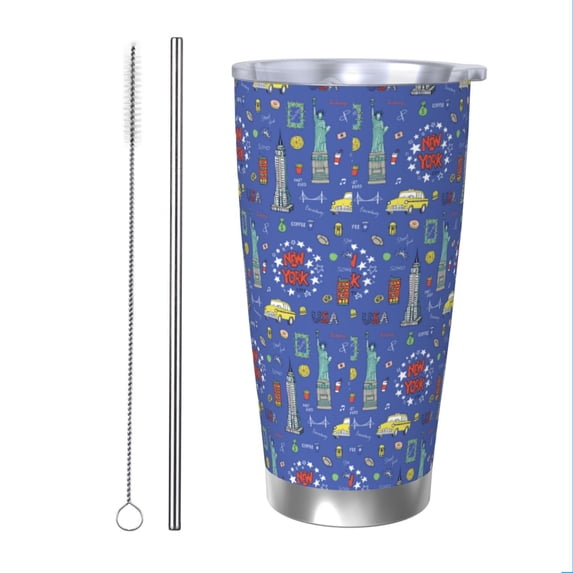 Uemuo New-York City Print Travel Coffee Mug ,20oz Double-walled Car Cup ,Stainless Steel Insulated Tumbler Leak-proof Travel Cup Reusable Straw Car Cup-Straw Two-piece Set