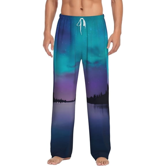 Uemuo Night At Lake Aurora Pattern Men's Wide Leg Palazzo Lounge Pants with Pockets Light Weight Loose Comfy Casual Pajama Pants-X-Large