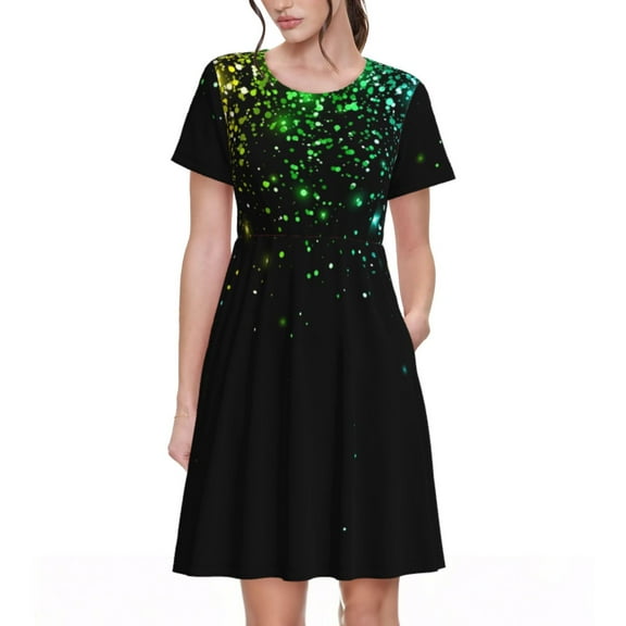 Uemuo Night Rainbow Sparkles Print Womens Summer Dress Casual Swing Short Sleeve Sundresses Beach A-line Shift Dress