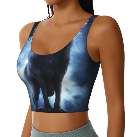 Uemuo Night Scene of Wolves Pattern Women's Sports Bra - High Impact Support, Breathable, and Comfortable Athletic Bra for Running, Yoga, and Workouts