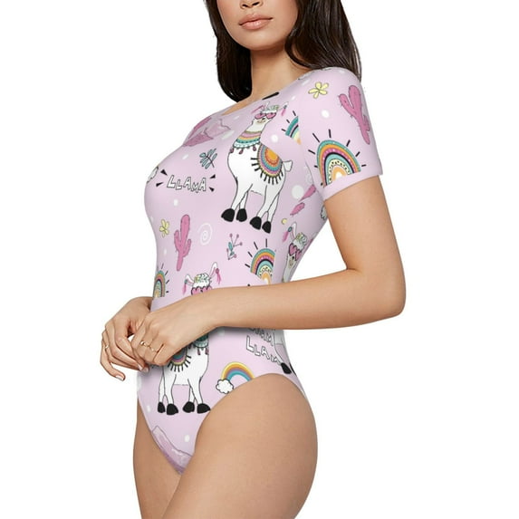 Uemuo No Drama Llama Pattern Women's One Piece Short Sleeve Swimsuit Rash Guard Surfing Modest Quick-drying Swimsuit Beach Essentials-Small