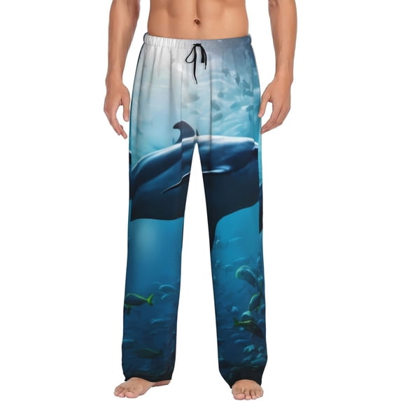 Uemuo Ocean Dolphin Fish School Pattern Men's Wide Leg Palazzo Lounge Pants with Pockets Light Weight Loose Comfy Casual Pajama Pants-Medium