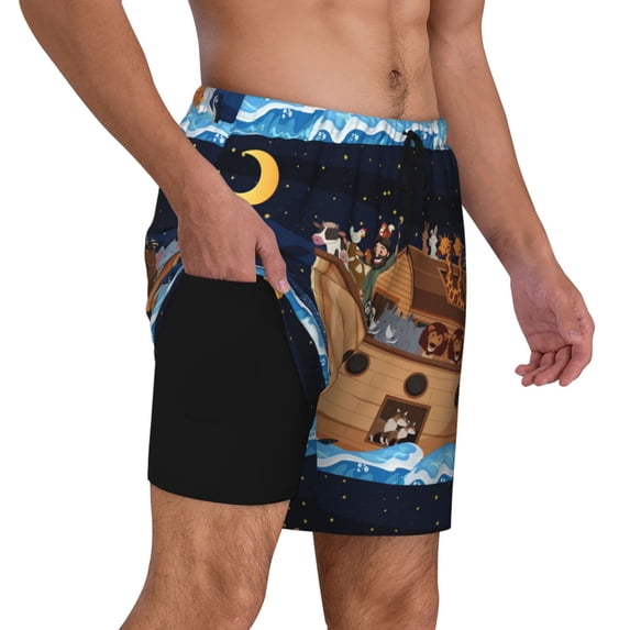Uemuo Ocean Scene with Noah's Ark Pattern Mens Swim Trunks Quick Dry Board Shorts with Mesh Lining, Stretch Beach Shorts Quick Dry No-Chafing Board Shorts-Small