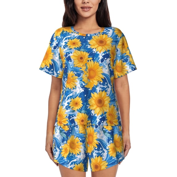 Uemuo Ocean Wave Sunflower Pattern Women's Short-Sleeved Pajama, Button-Front Loungewear, 2-Piece Summer Sleepwear, Elastic Drawstring Shorts-Large