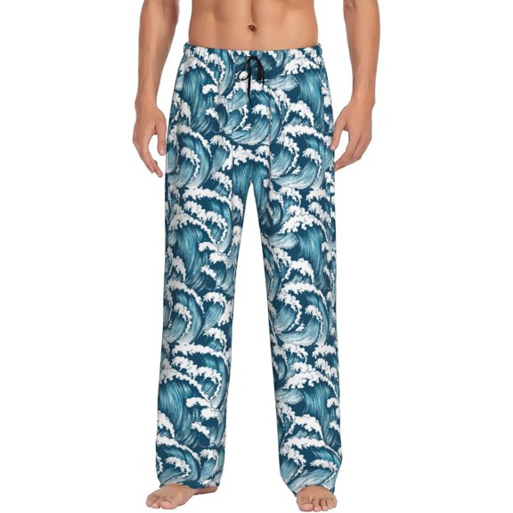 Uemuo Ocean Waves Pattern Men's Wide Leg Palazzo Lounge Pants with Pockets Light Weight Loose Comfy Casual Pajama Pants-Medium