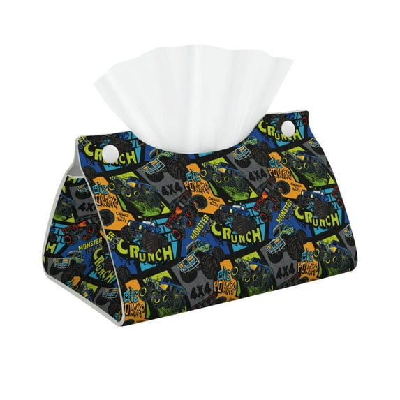 Uemuo Off-Road Vehicle Pattern Tissue Box Cover Holder, Triangle with Bottom Belt - PVC Leather Decorative Organizer for Tabletop, Bathroom, Car, Office