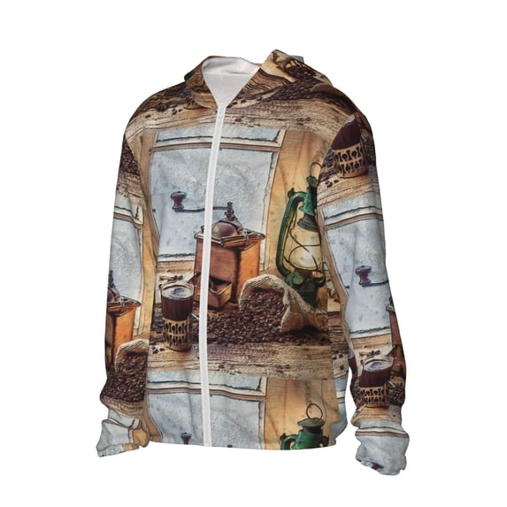 Uemuo Oil Lamp Coffee Beans Pattern Women's Full Zip UPF 50+ Sun Protection Hoodie Jacket Long Sleeve Sun Shirt Hiking Outdoor Performance with Pockets-3X-Large
