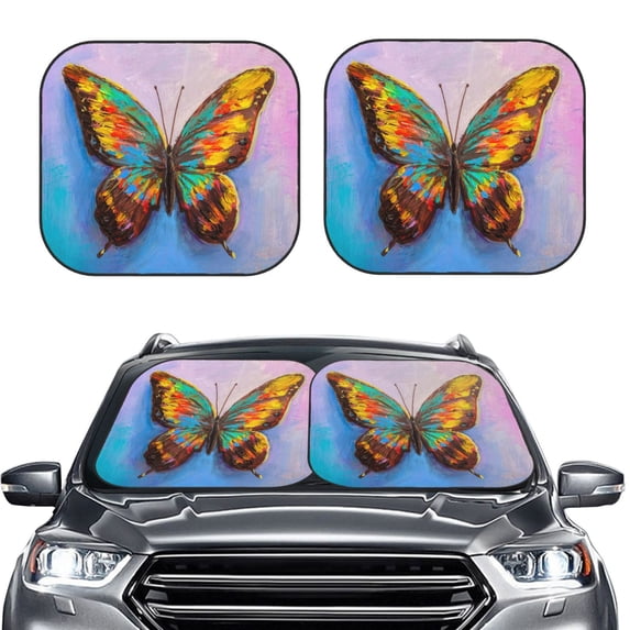 Uemuo Oil Painting Beautiful Butterfly Printed 2 PCS Car Windshield Sun Shade, Auto Sun Heat and UV Rays Blocker, Foldable Automotive Front Window Sunshade Protector