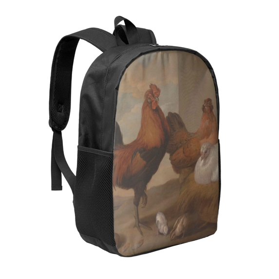 Uemuo Oil Painting Chicken And Duck Printed Durable 17-inch Student Backpack - Lightweight, Waterproof, Adjustable Straps, Ideal for School, Work, Travel