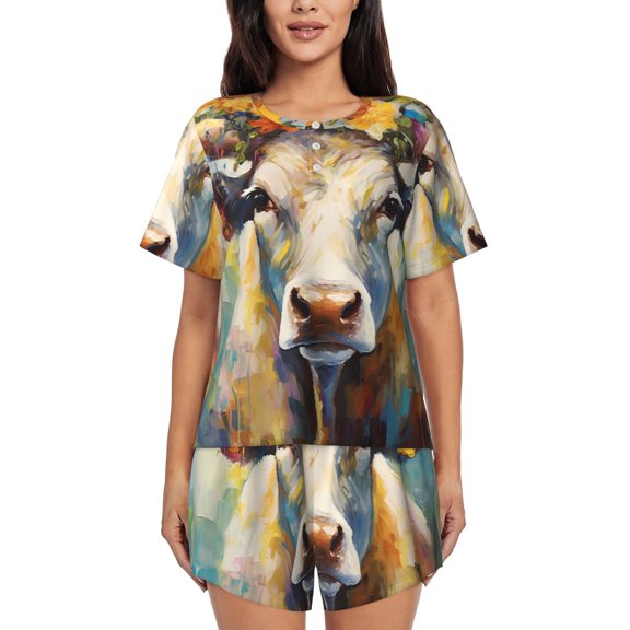 Uemuo Oil Painting Flower Cow Pattern Women's Short-Sleeved Pajama, Button-Front Loungewear, 2-Piece Summer Sleepwear, Elastic Drawstring Shorts-XX-Large