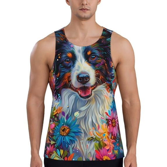 Uemuo Oil Painting Sunflower Puppy Pattern Men's Muscle Shirts Sleeveless Dry Fit Gym Workout Tank Top Lightweight Sports Tank Top Beach Tank Top, Loose-fit Sleeveless Shirt-Large