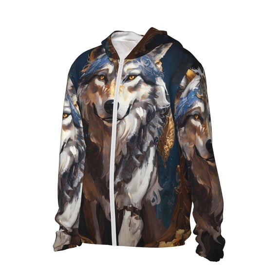 Uemuo Oil Painting Tribal Wolf Pattern Women's Full Zip UPF 50+ Sun Protection Hoodie Jacket Long Sleeve Sun Shirt Hiking Outdoor Performance with Pockets-