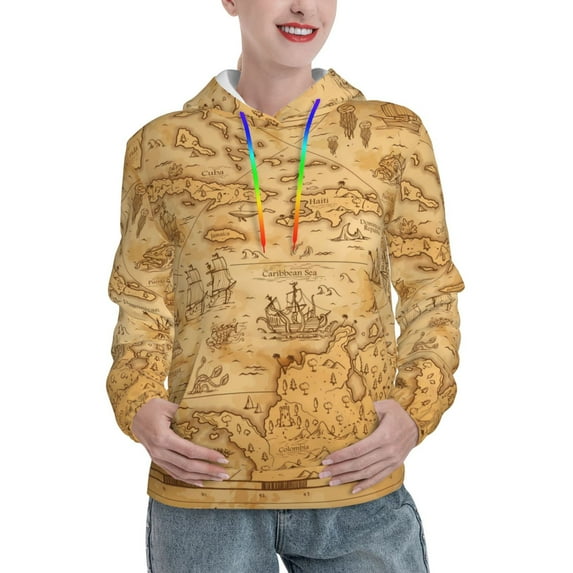 Uemuo Old Vintage Map Of Sea Pattern Women's Hoodie with Eye-catching Drawstrings- Casual Pullover Hoodie with Kangaroo Pocket, Stylish Hooded Sweatshirt-X-Large