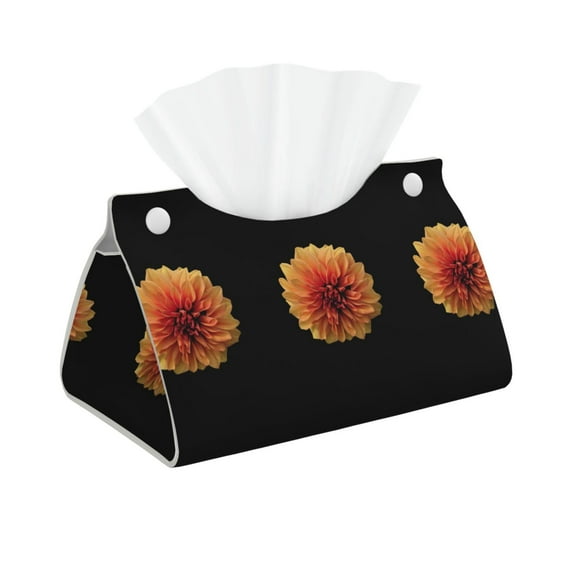 Uemuo Orange Dalia Pattern Tissue Box Cover Holder, Triangle with Bottom Belt - PVC Leather Decorative Organizer for Tabletop, Bathroom, Car, Office