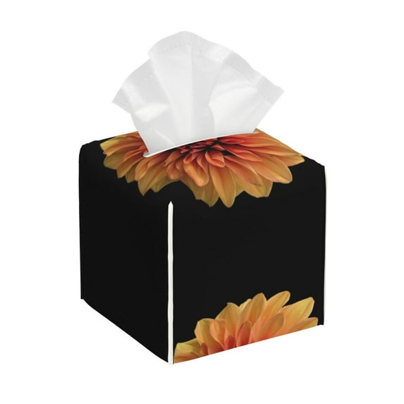 Uemuo Orange Dalia Tissue Box Cover Holder, Square with Bottom Belt - PVC Leather Decorative Organizer for Tabletop, Bathroom, Car, Office