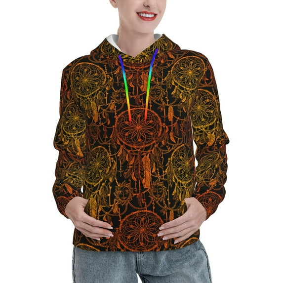 Uemuo Orange Dreamcatcher Pattern Women's Hoodie with Eye-catching Drawstrings- Casual Pullover Hoodie with Kangaroo Pocket, Stylish Hooded Sweatshirt-Small