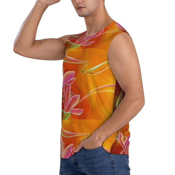 Uemuo Orange Flower Psychedelic Pattern Men's Sleeveless T-Shirt,Muscle Athletic Tank Top, Moisture-wicking Quick-dry Breathable Classic Tee Top for Gym Run Outdoor Sports-