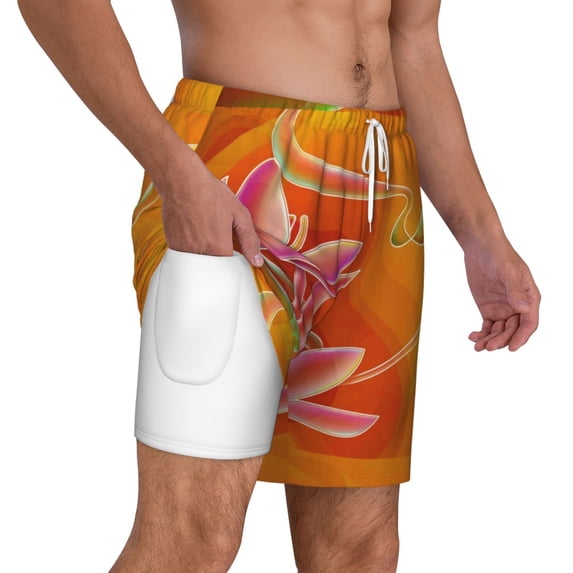 Uemuo Orange Flower Psychedelic Pattern Mens Swim Trunks Quick Dry Board Shorts with Mesh Lining, Stretch Beach Shorts Quick Dry No-Chafing Board Shorts-X-Large