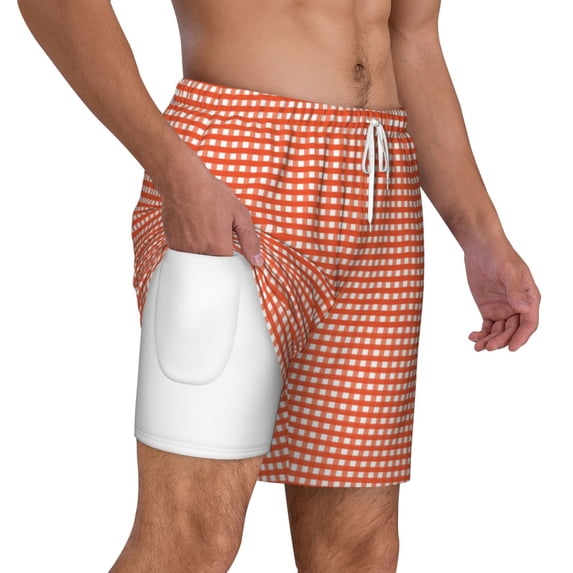 Uemuo Orange Gingham Pattern Mens Swim Trunks Quick Dry Board Shorts with Mesh Lining, Stretch Beach Shorts Quick Dry No-Chafing Board Shorts-X-Large