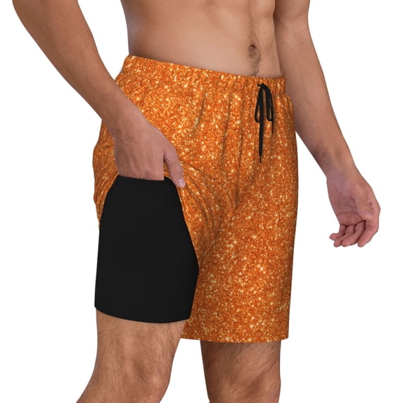 Uemuo Orange Glitter Pattern Mens Swim Trunks Quick Dry Board Shorts with Mesh Lining, Stretch Beach Shorts Quick Dry No-Chafing Board Shorts-Medium