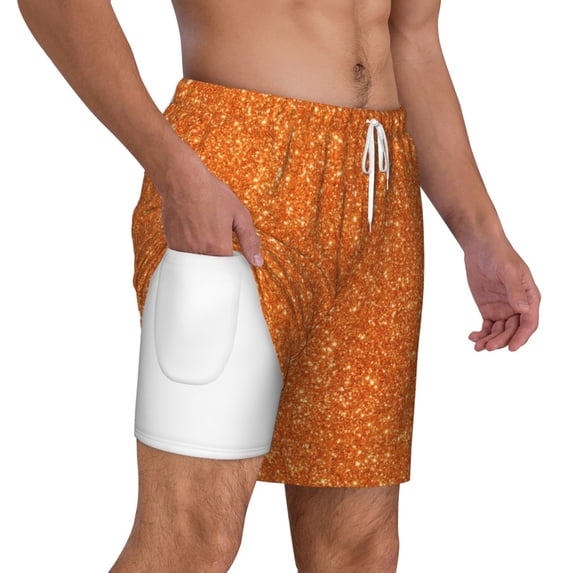 Uemuo Orange Glitter Pattern Mens Swim Trunks Quick Dry Board Shorts with Mesh Lining, Stretch Beach Shorts Quick Dry No-Chafing Board Shorts-Small