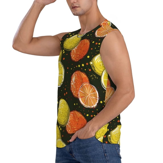 Uemuo Orange Lemon Pattern Men's Sleeveless T-Shirt,Muscle Athletic Tank Top, Moisture-wicking Quick-dry Breathable Classic Tee Top for Gym Run Outdoor Sports-