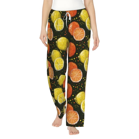 Uemuo Orange Lemon Pattern Women's Wide Leg Palazzo Lounge Pants with Pockets Light Weight Loose Comfy Casual Pajama Pants-Medium
