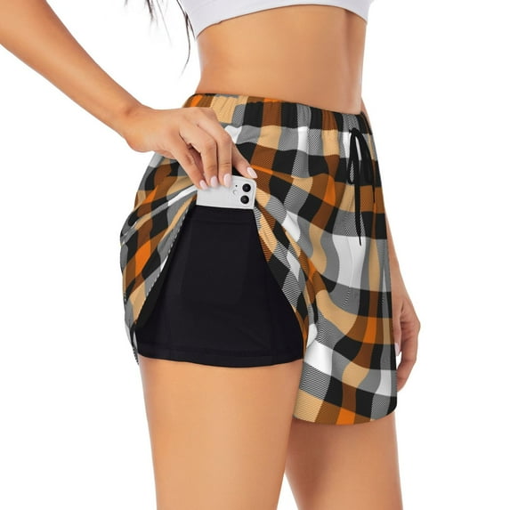 Uemuo Orange Plaid Pattern Women's Athletic Shorts High Waisted Running Shorts with Liner Pockets Gym Elastic Workout Shorts-Small
