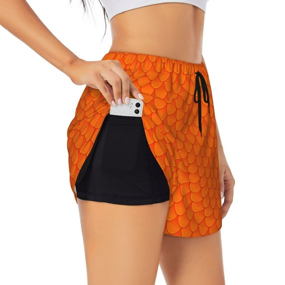 Uemuo Orange Scales Pattern Women's Athletic Shorts High Waisted Running Shorts with Liner Pockets Gym Elastic Workout Shorts-Large