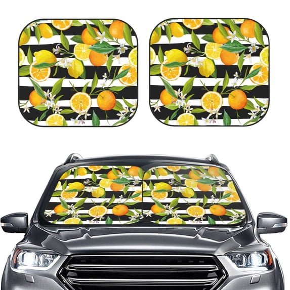 Uemuo Orange and Lemon Printed 2 PCS Car Windshield Sun Shade, Auto Sun Heat and UV Rays Blocker, Foldable Automotive Front Window Sunshade Protector