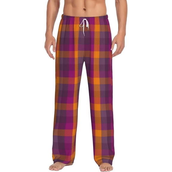 Uemuo Orange and Purple Plaid Pattern Men's Wide Leg Palazzo Lounge Pants with Pockets Light Weight Loose Comfy Casual Pajama Pants-Small