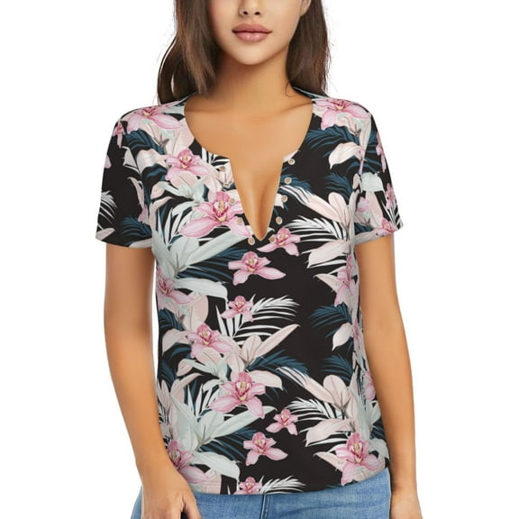 Uemuo Orchids Flowers Drawing Women's Deep V-Neck Low Cut Tops - Casual Loose Fit with Stainless Steel Loop, Soft, Breathable, Perfect for Office, Travel, and Daily Wear-Medium