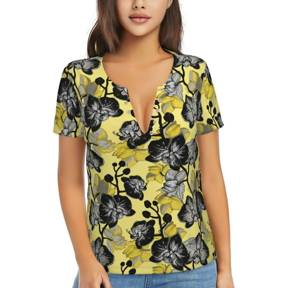 Uemuo Orchids Flowers Drawing Women's Deep V-Neck Low Cut Tops - Casual Loose Fit with Stainless Steel Loop, Soft, Breathable, Perfect for Office, Travel, and Daily Wear-Small