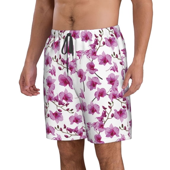 Uemuo Orchids Flowers Pattern Men's Swim Trunks Hawaiian Beach Bathing Suit Swimsuits Beach Quick-Dry Shorts with Pockets-