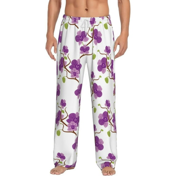 Uemuo Orchids Flowers Pattern Men's Wide Leg Palazzo Lounge Pants with Pockets Light Weight Loose Comfy Casual Pajama Pants-Small