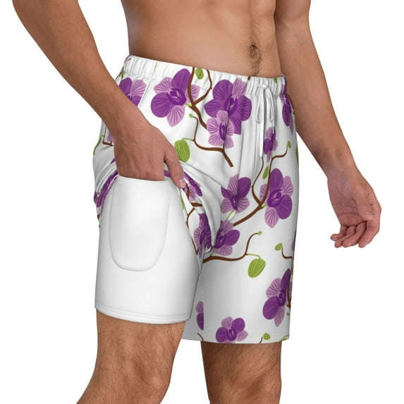 Uemuo Orchids Flowers Pattern Mens Swim Trunks Quick Dry Board Shorts with Mesh Lining, Stretch Beach Shorts Quick Dry No-Chafing Board Shorts-XX-Large