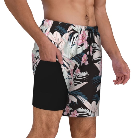 Uemuo Orchids Flowers Pattern Mens Swim Trunks Quick Dry Board Shorts with Mesh Lining, Stretch Beach Shorts Quick Dry No-Chafing Board Shorts-Medium