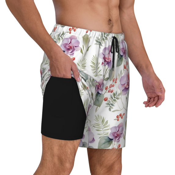 Uemuo Orchids Flowers Pattern Mens Swim Trunks Quick Dry Board Shorts with Mesh Lining, Stretch Beach Shorts Quick Dry No-Chafing Board Shorts-Small