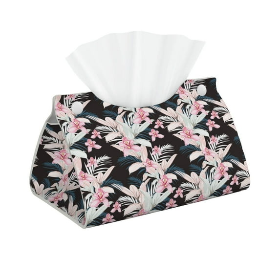 Uemuo Orchids Flowers Pattern Tissue Box Cover Holder, Triangle with Bottom Belt - PVC Leather Decorative Organizer for Tabletop, Bathroom, Car, Office