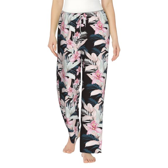 Uemuo Orchids Flowers Pattern Women's Wide Leg Palazzo Lounge Pants with Pockets Light Weight Loose Comfy Casual Pajama Pants-Medium